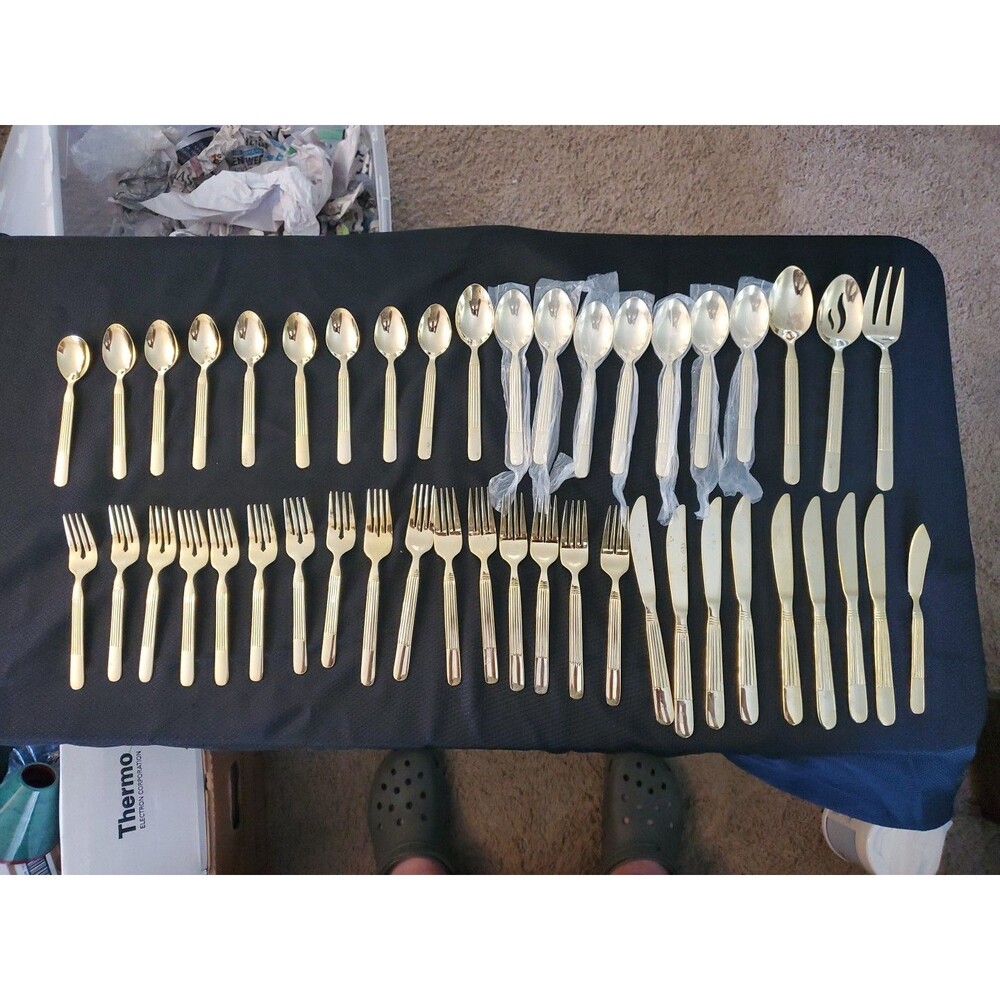 Gold Tone Plated Flatware Service for 8  Rogers Stainless China 45 Piece
